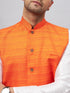 Vastramay Men's Orange Matka Silk Nehru Jacket With White Silk Blend Kurta Pyjama Set